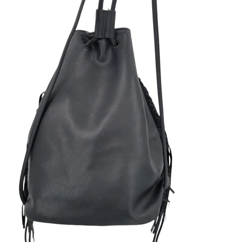 Victorias Secret Black Fringe Faux Leather Backpack Shoulder Bag‎ Boho Biker